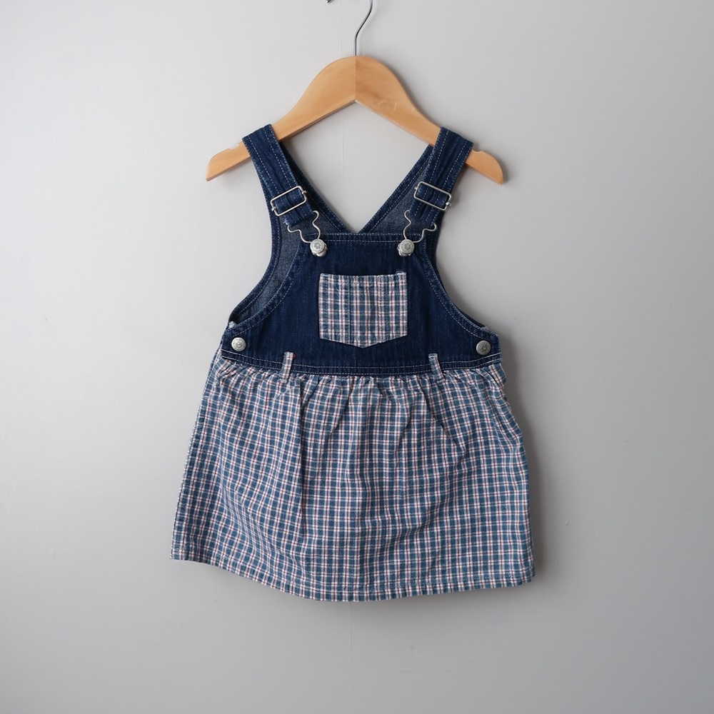 Vintage Sprockets Plaid Cotton Denim Overall Dress Skirtall 24 Months